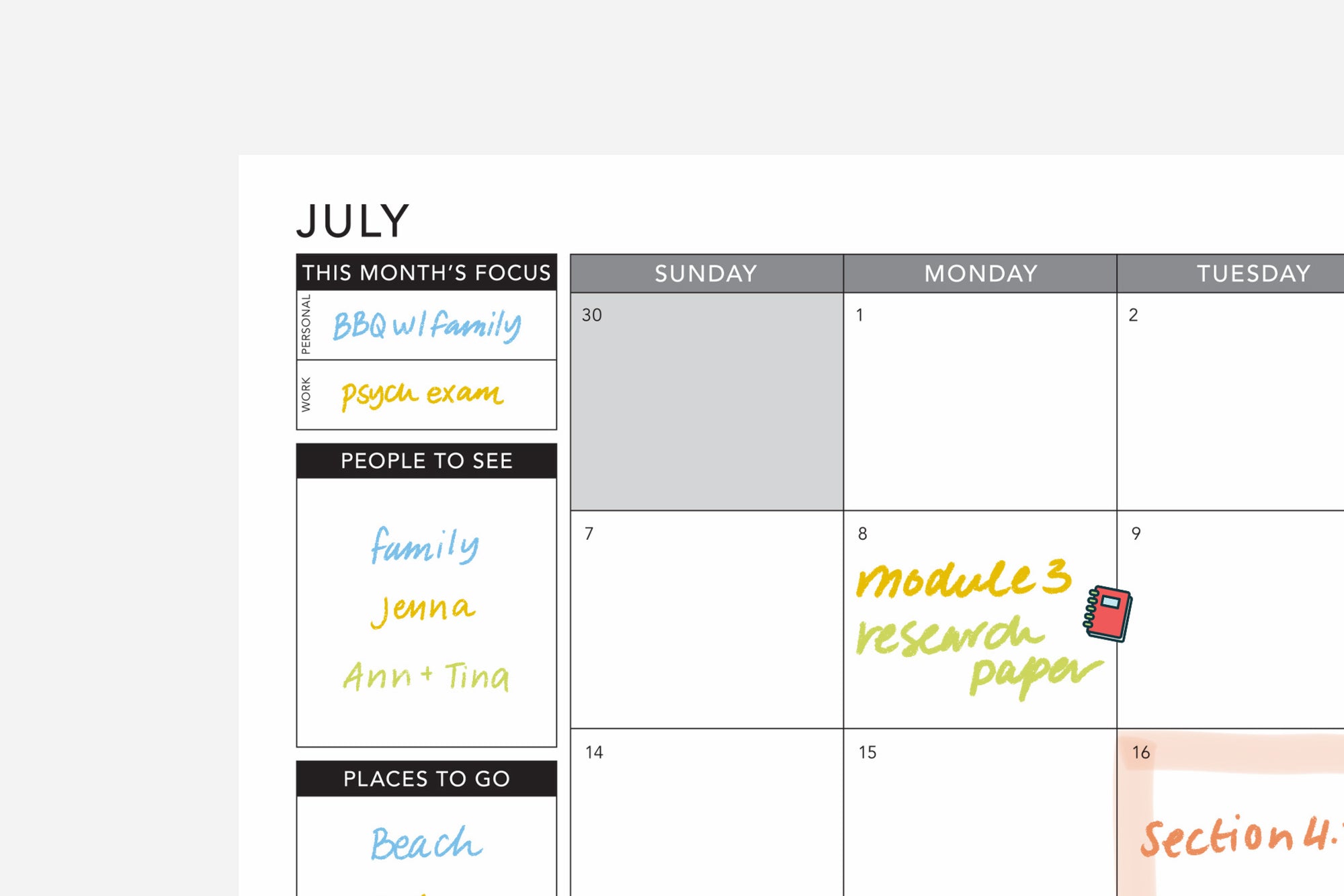 july monthly calendar filled out