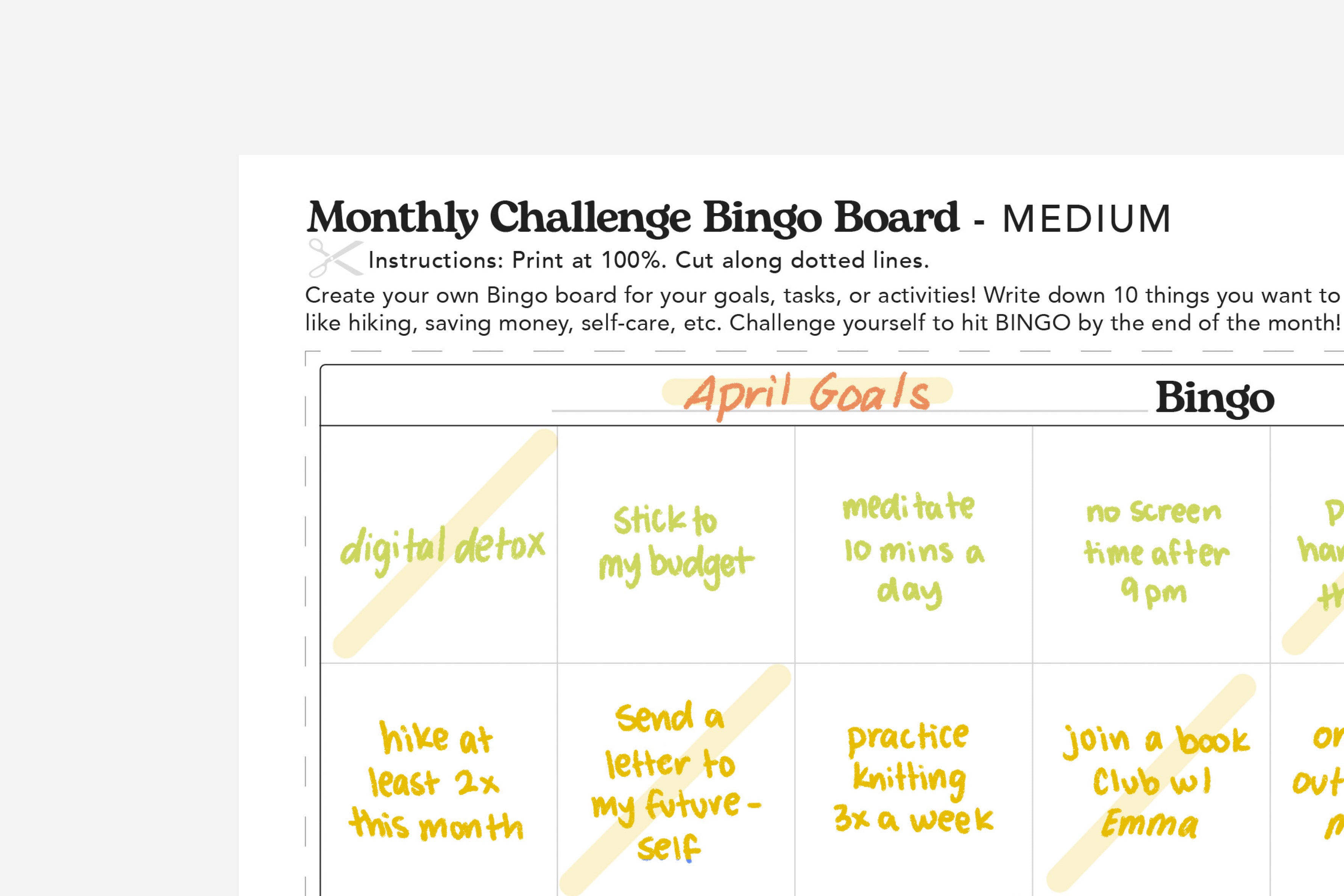 April monthly challenge bingo board