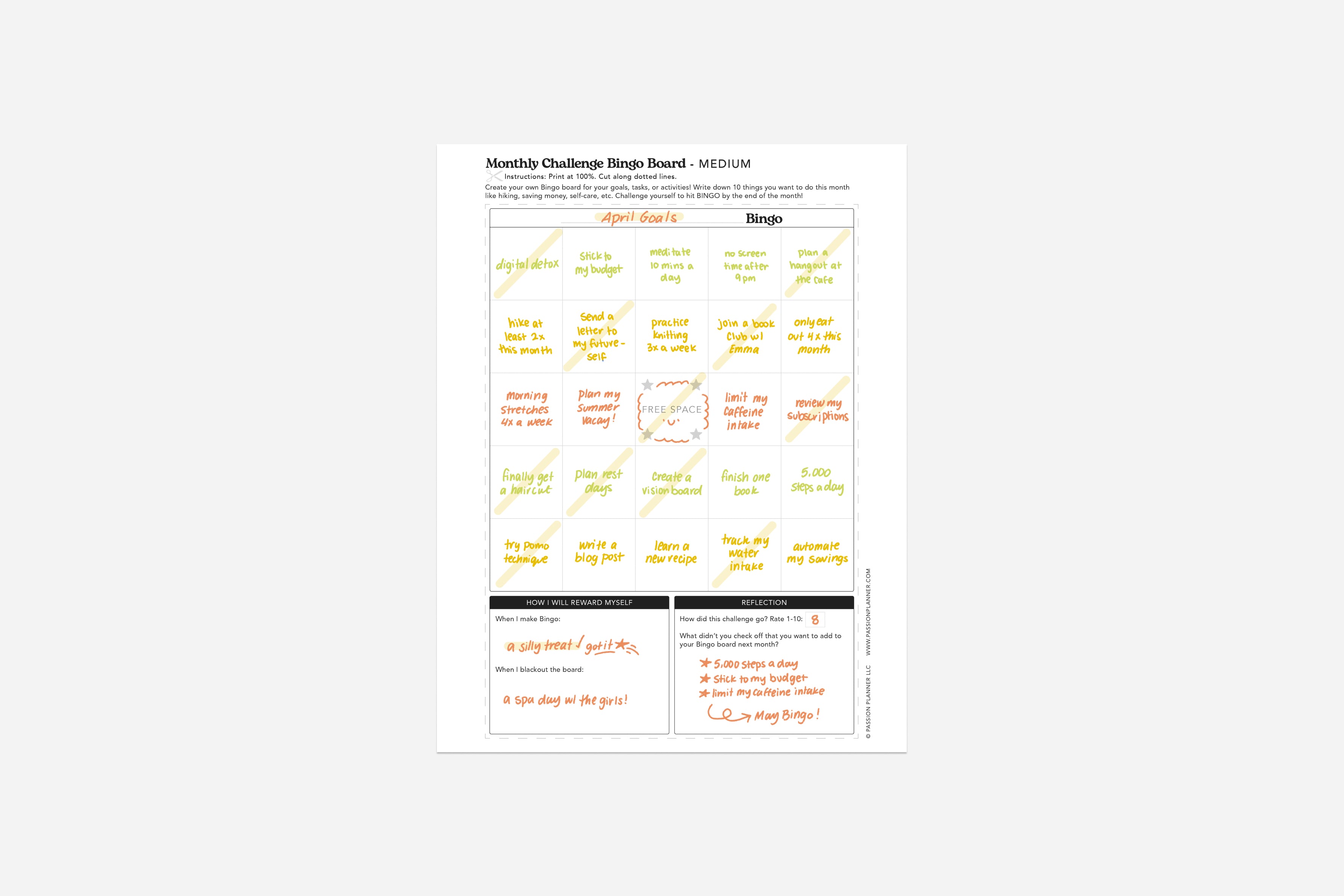 filled out monthly challenge bingo board