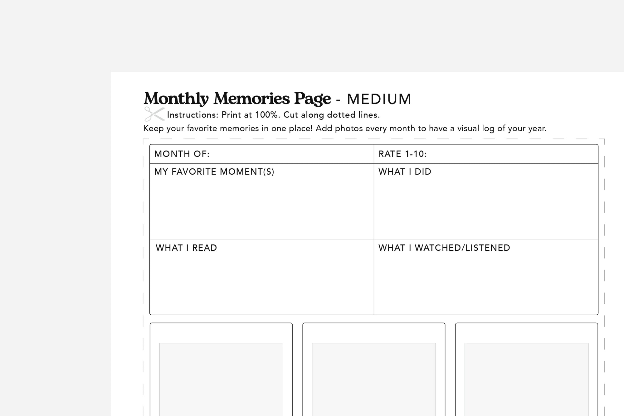 monthly memory page printable