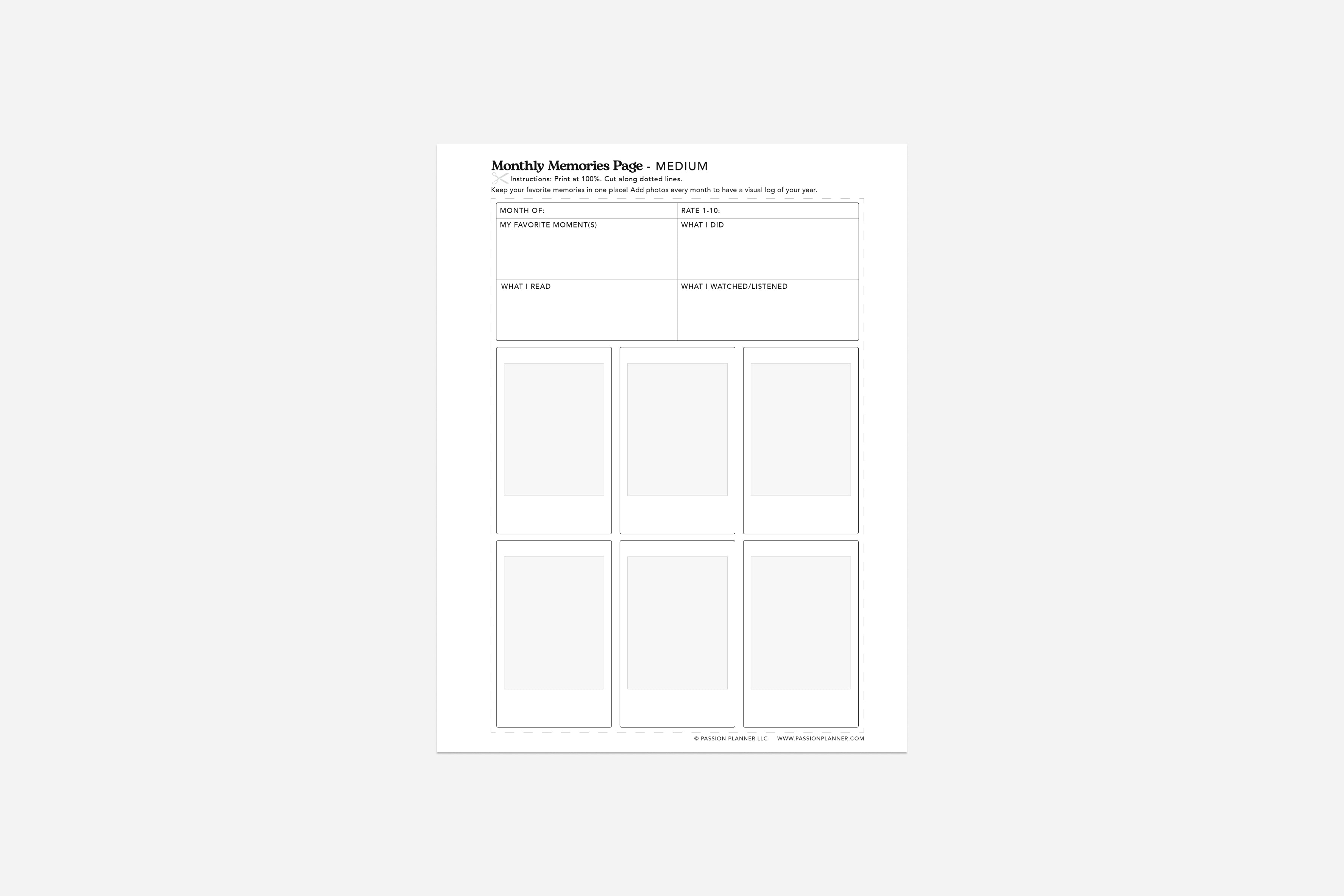 Monthly Memory Page Template| Free Printable | Passion Planner