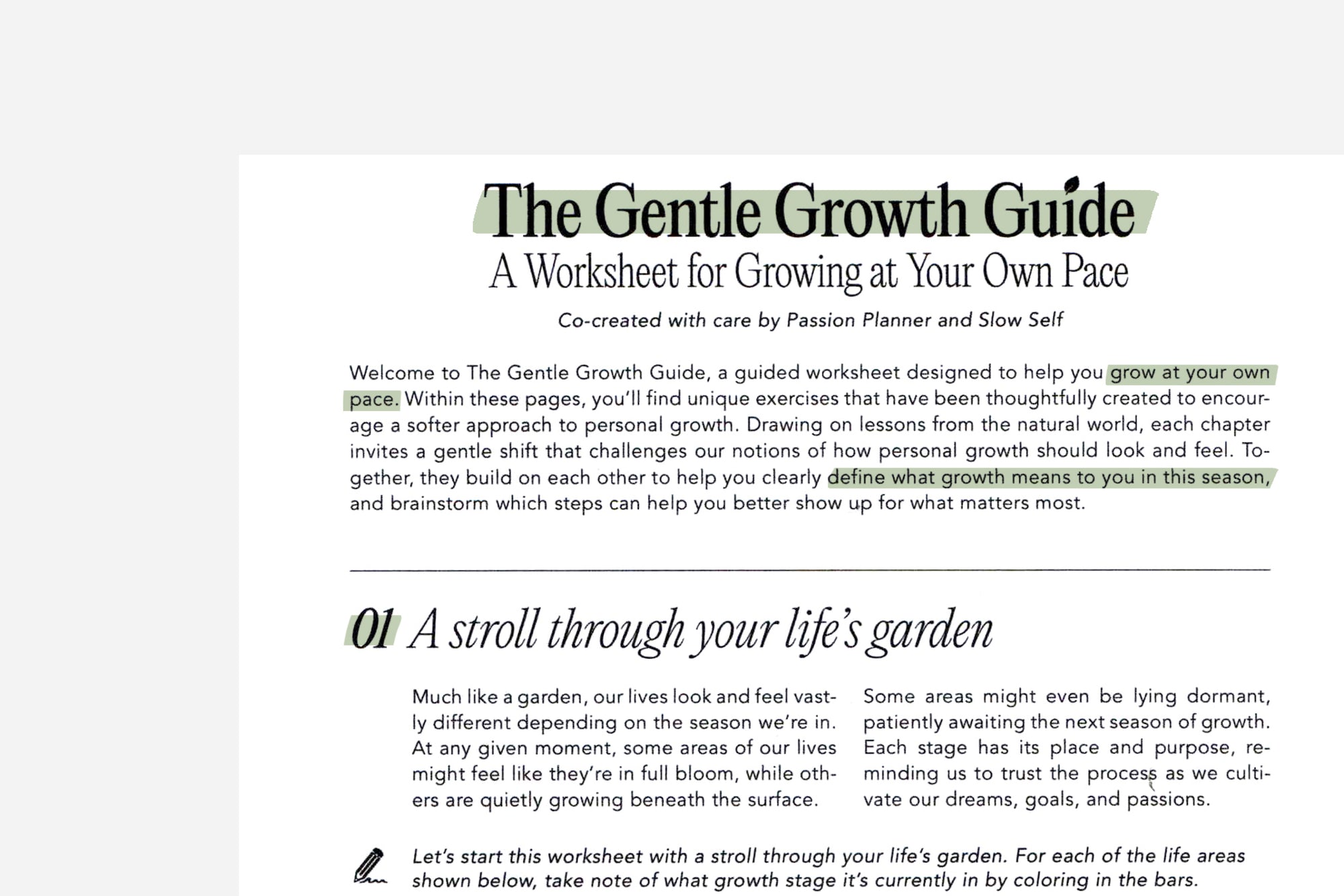 Cover page of 'The Gentle Growth Guide' worksheet on a white background