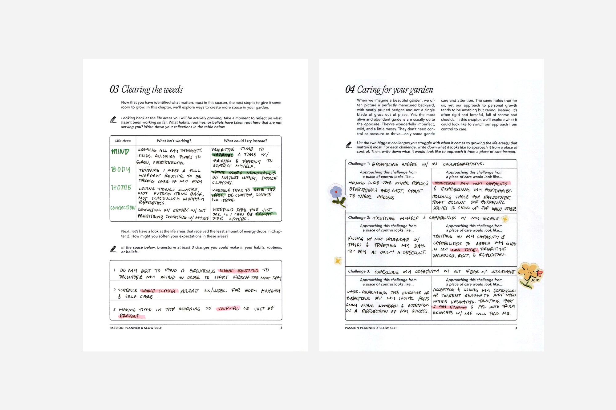 Two pages from The Gentle Growth Guide with text and bullet points on a white background.