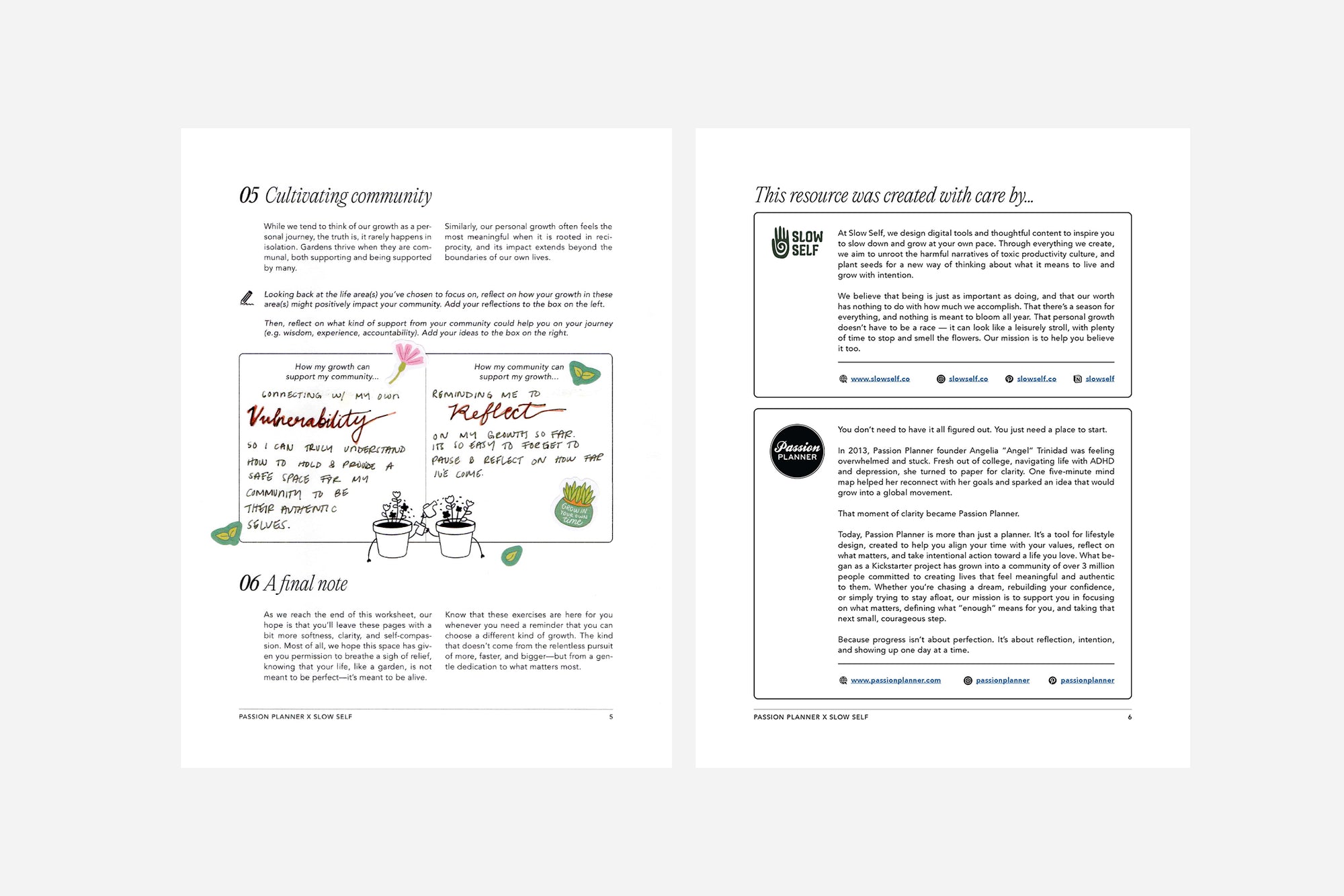 Two pages from The Gentle Growth Guide with text and minimal graphics on a white background.