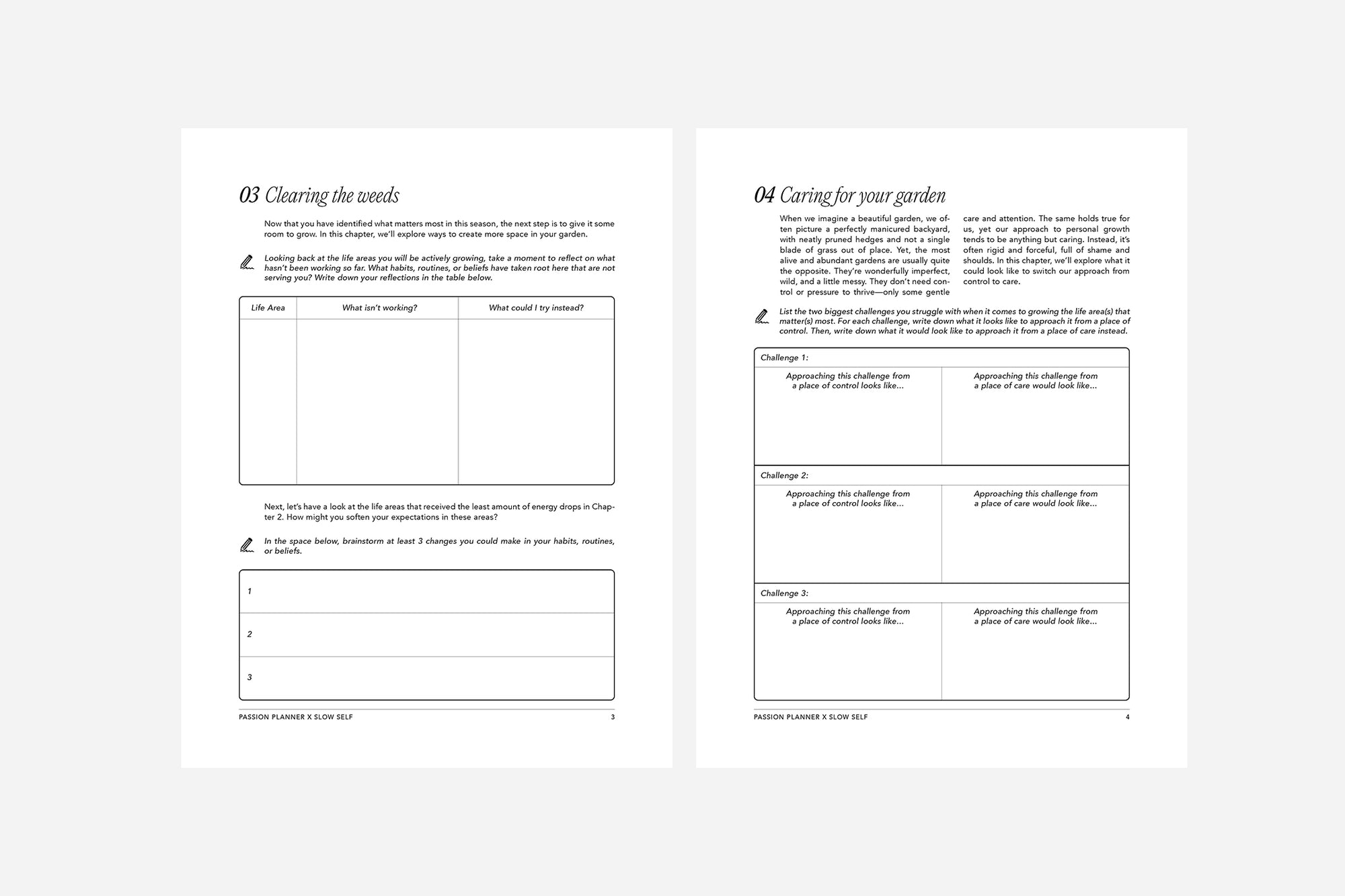 Two pages from The Gentle Growth Guide with text and checkboxes on a white background