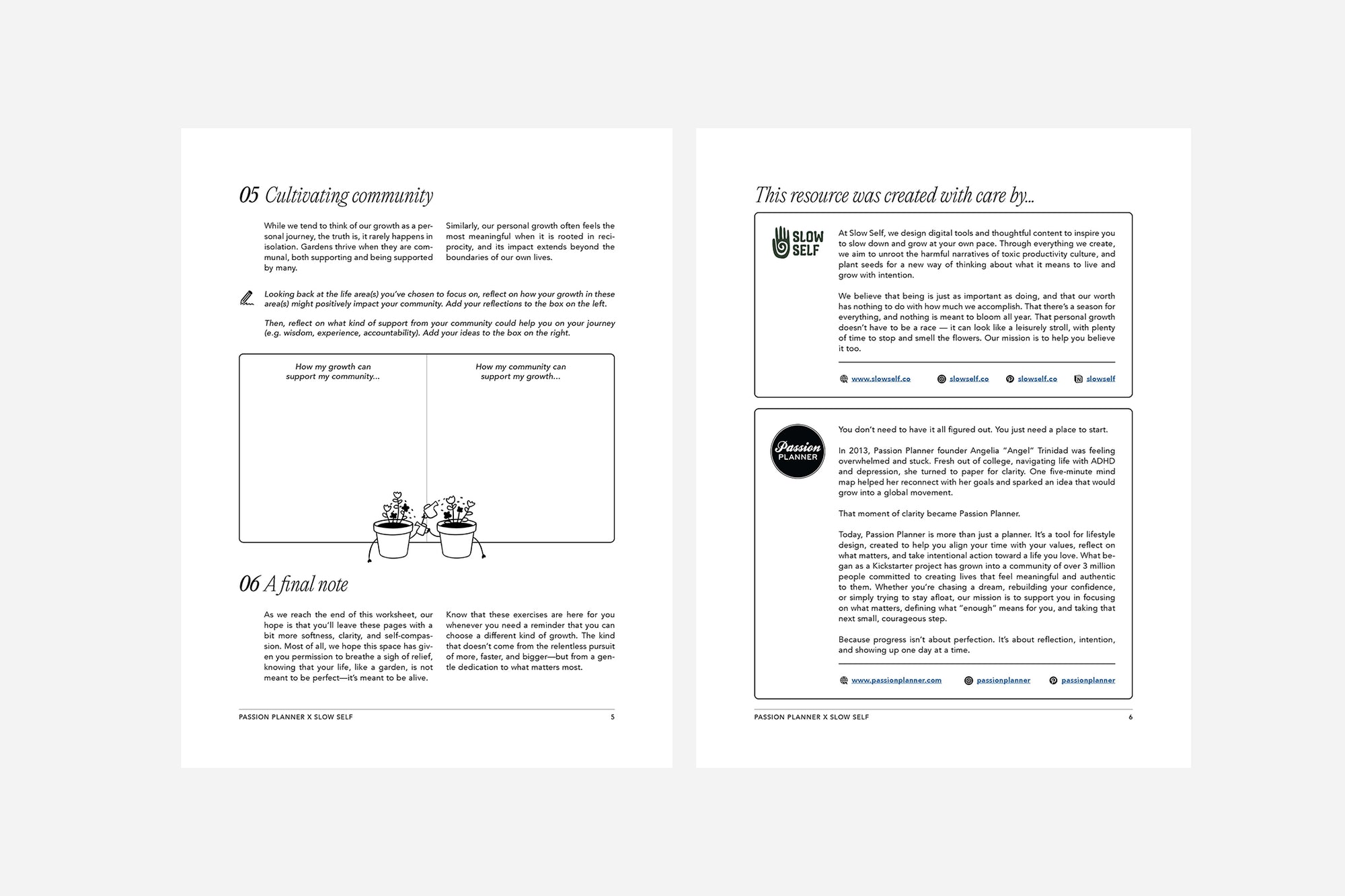 Two pages from The Gentle Growth Guide with text and minimal illustrations on a white background.