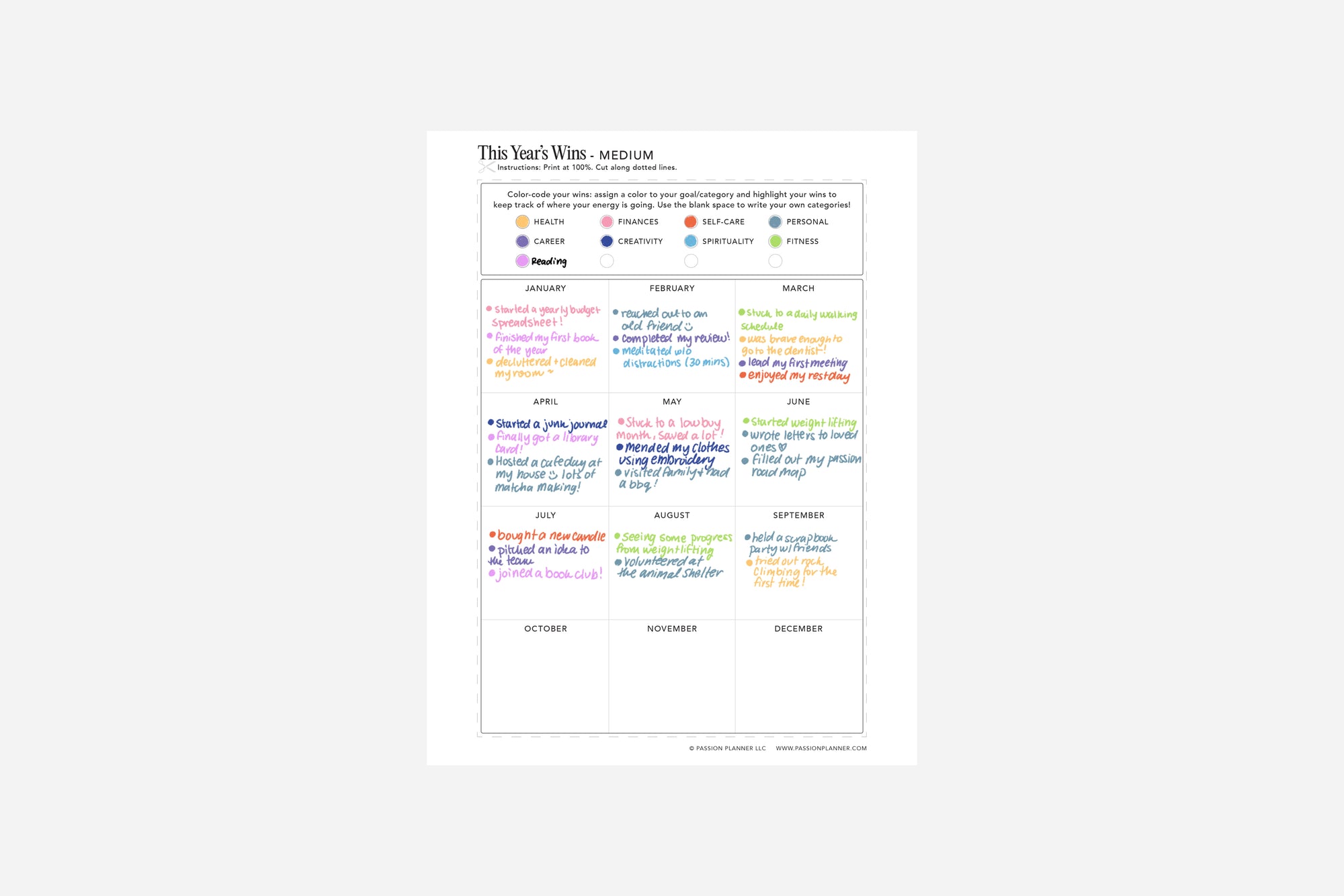 Full view of a printable pdf titled 'this year's wins' filled out with colorful markers.