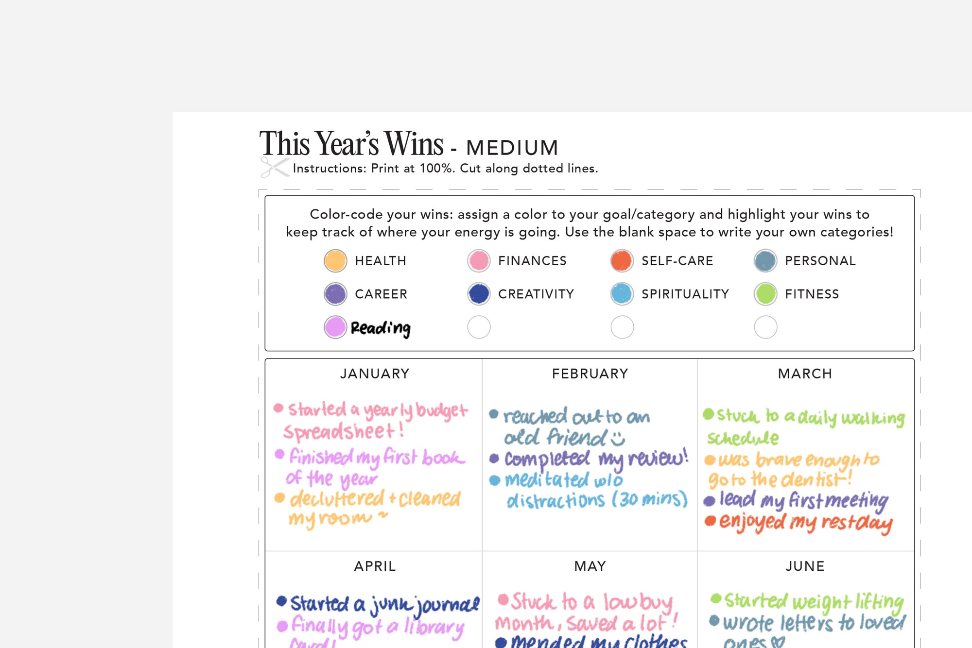 Goal-setting worksheet titled 'This Year's Wins' with color-coded categories and monthly goals.