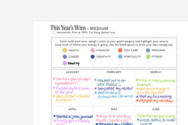 Goal-setting worksheet titled 'This Year's Wins' with color-coded categories and monthly goals.