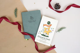 'Transform your life' guided journal and a 'Growth & Goals' sticker book on a textured surface with ribbons and pine cones.