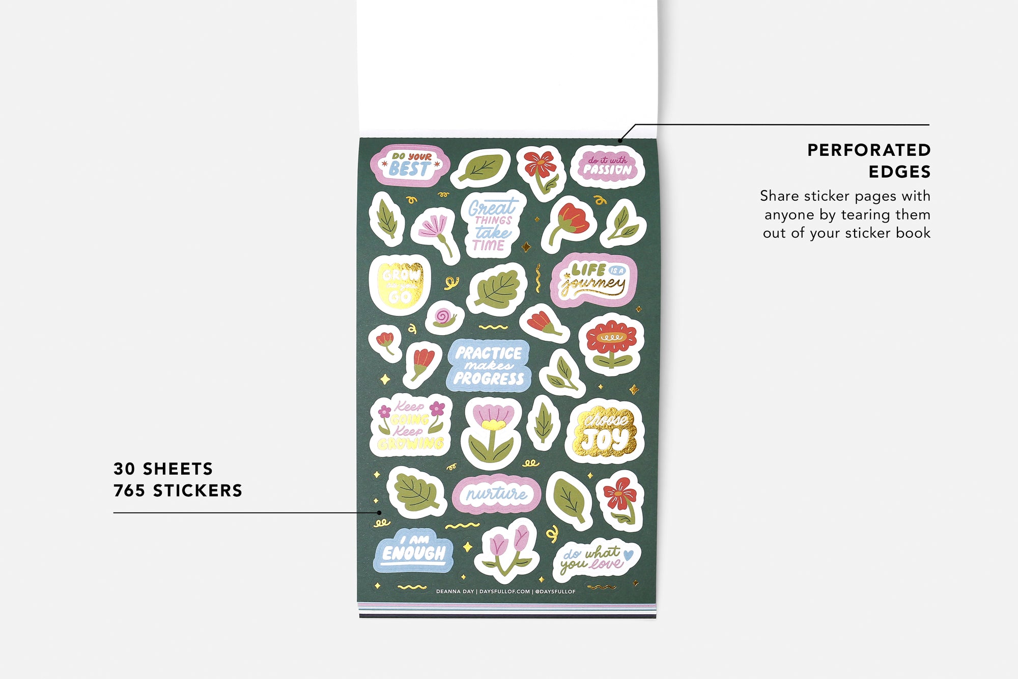 Sticker book with colorful stickers on a white background