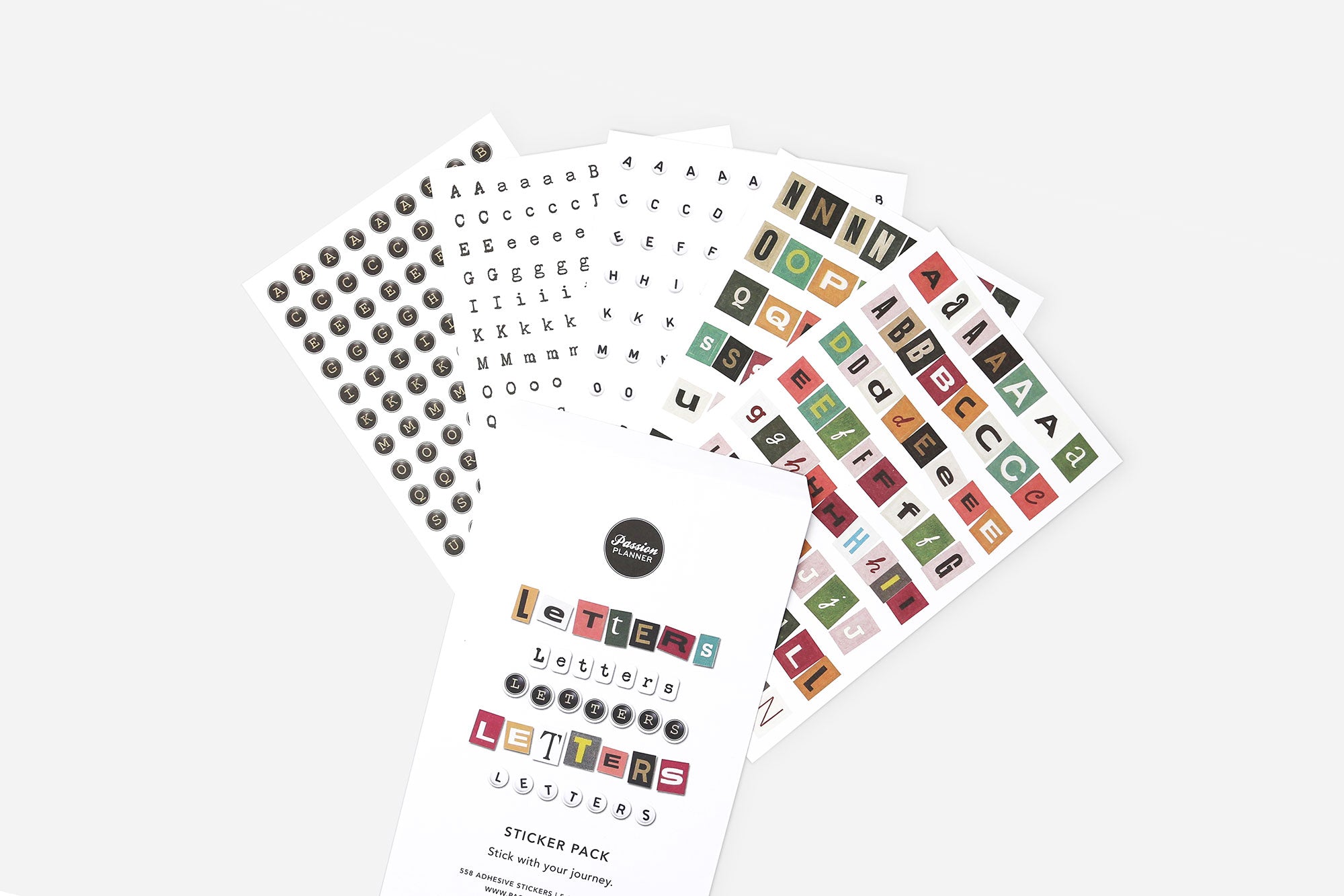 Five sticker sheets with different letter designs on a white background