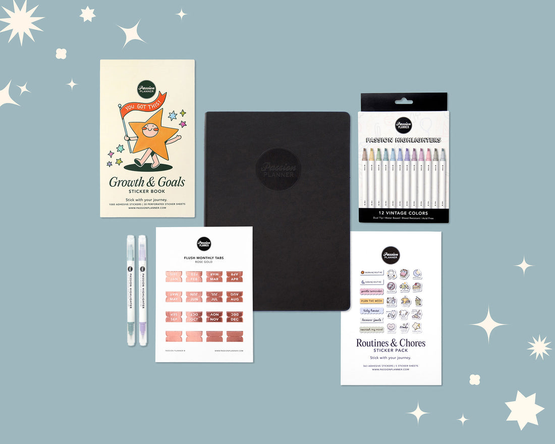 Collection of stationery items including a sticker book, a weekly planner, and highlighters on a blue background with stars.