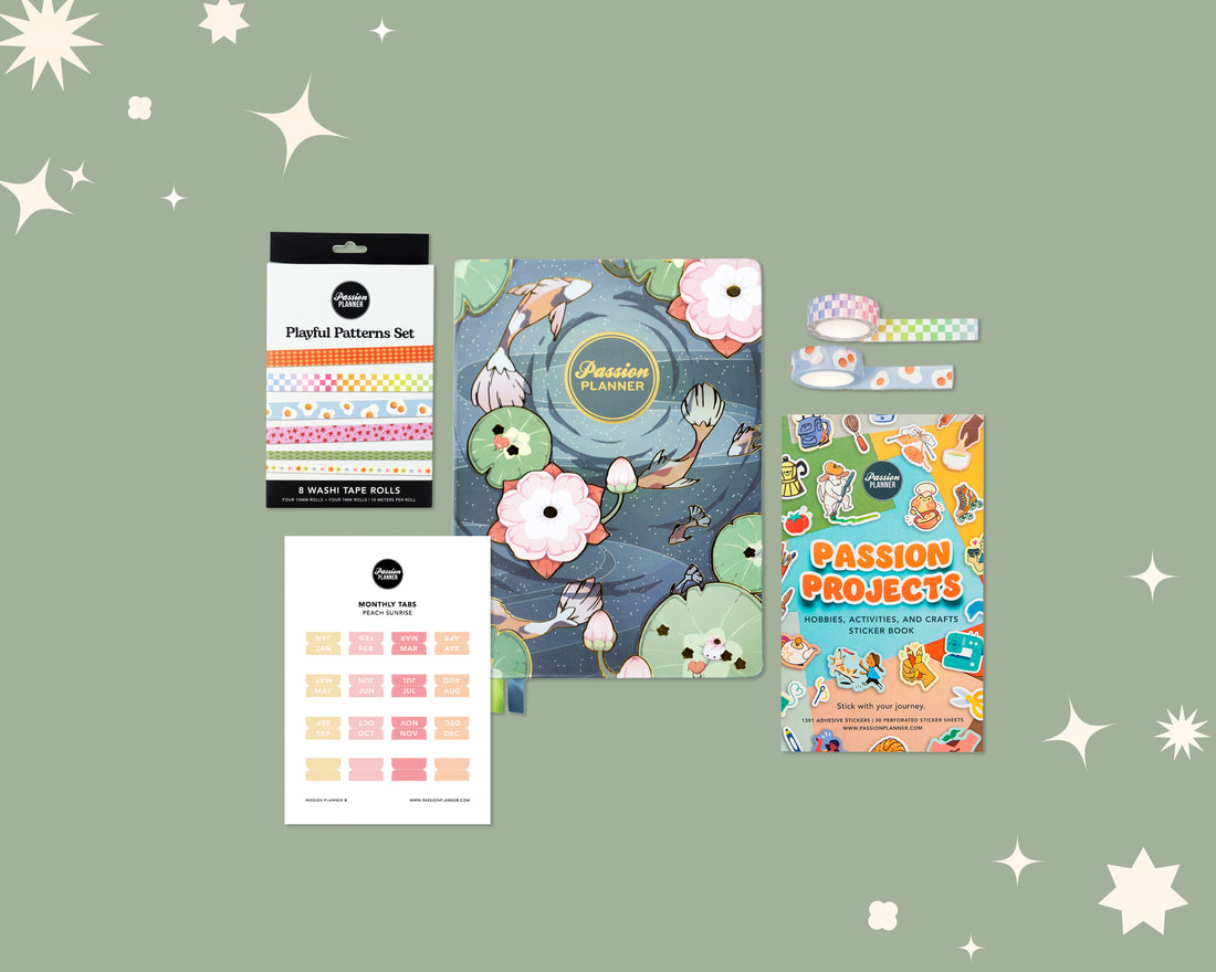 Collection of stationery items including a mid-year planner, washi tape set, and stickers on a green background with star decorations.