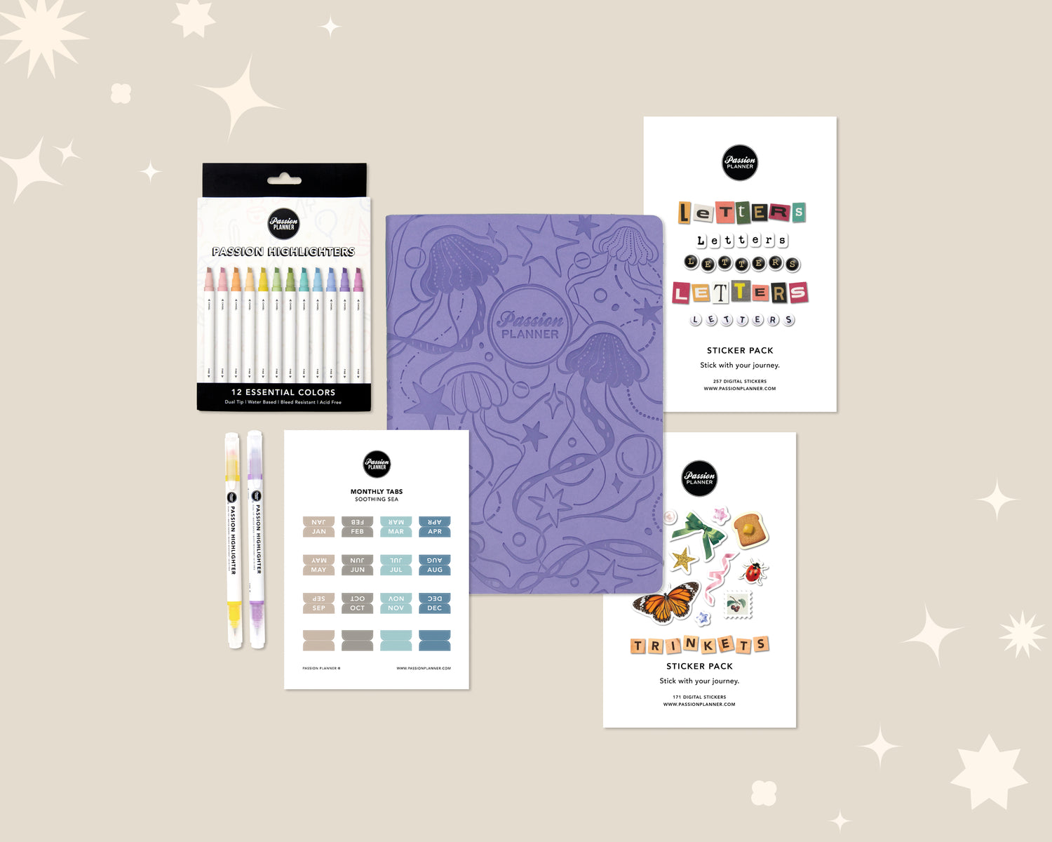 Collection of stationery items including highlighters, a weekly planner, and sticker packs on a beige background with stars.