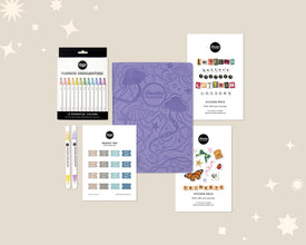 Collection of stationery items including highlighters, a weekly planner, and sticker packs on a beige background with stars.