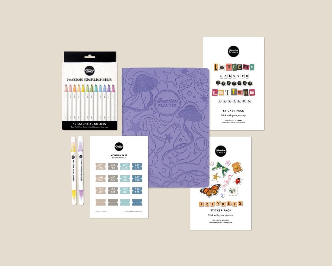 Collection of stationery items including highlighters, a weekly planner, and sticker packs on a beige background.