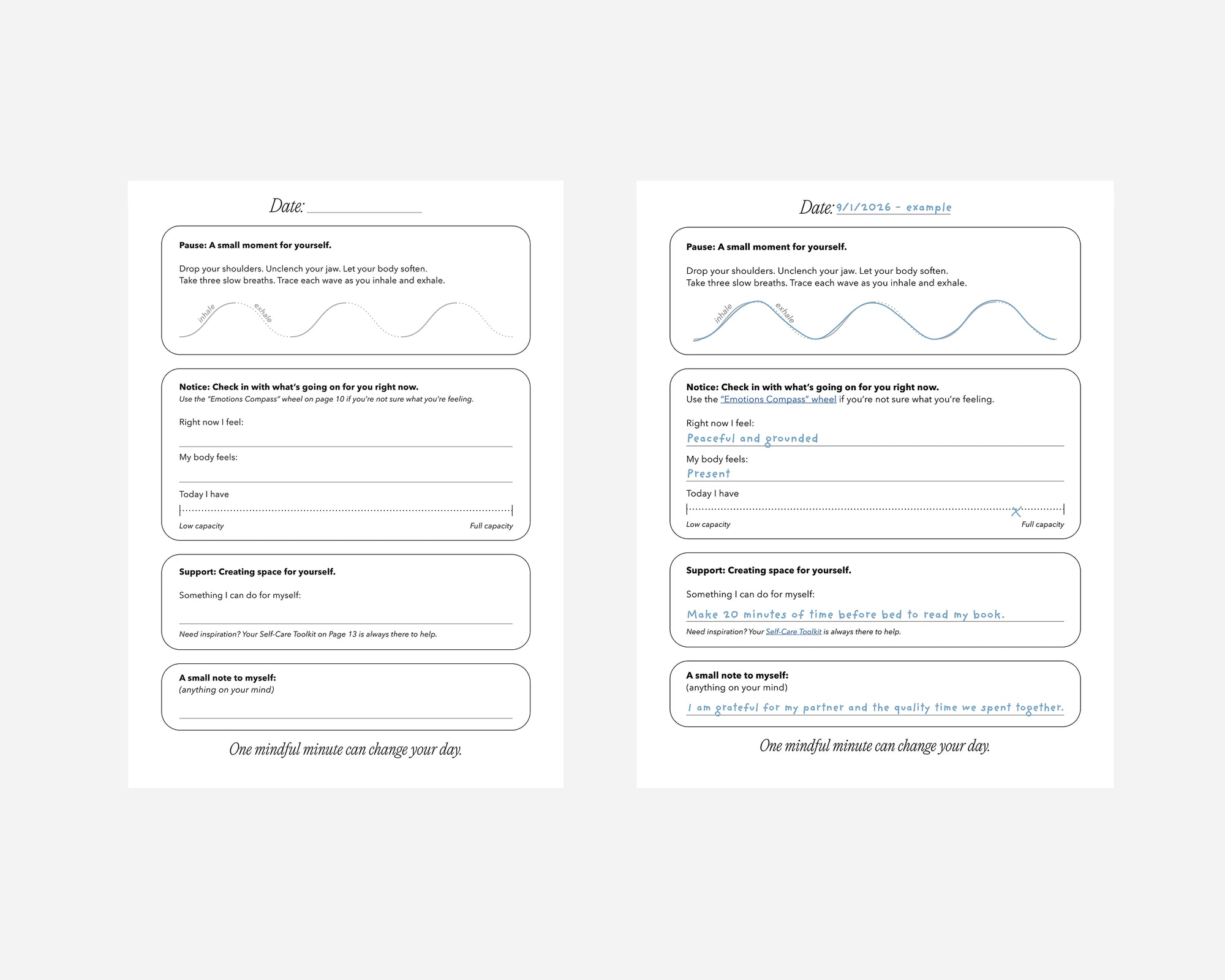 Two printable daily reflection pages shown side by side on a light gray background. Each card has a white background with black and blue text, plus simple line drawings and boxes for writing prompts such as 'Pause,' 'Notice,' 'Support,' and 'A small win to reflect.