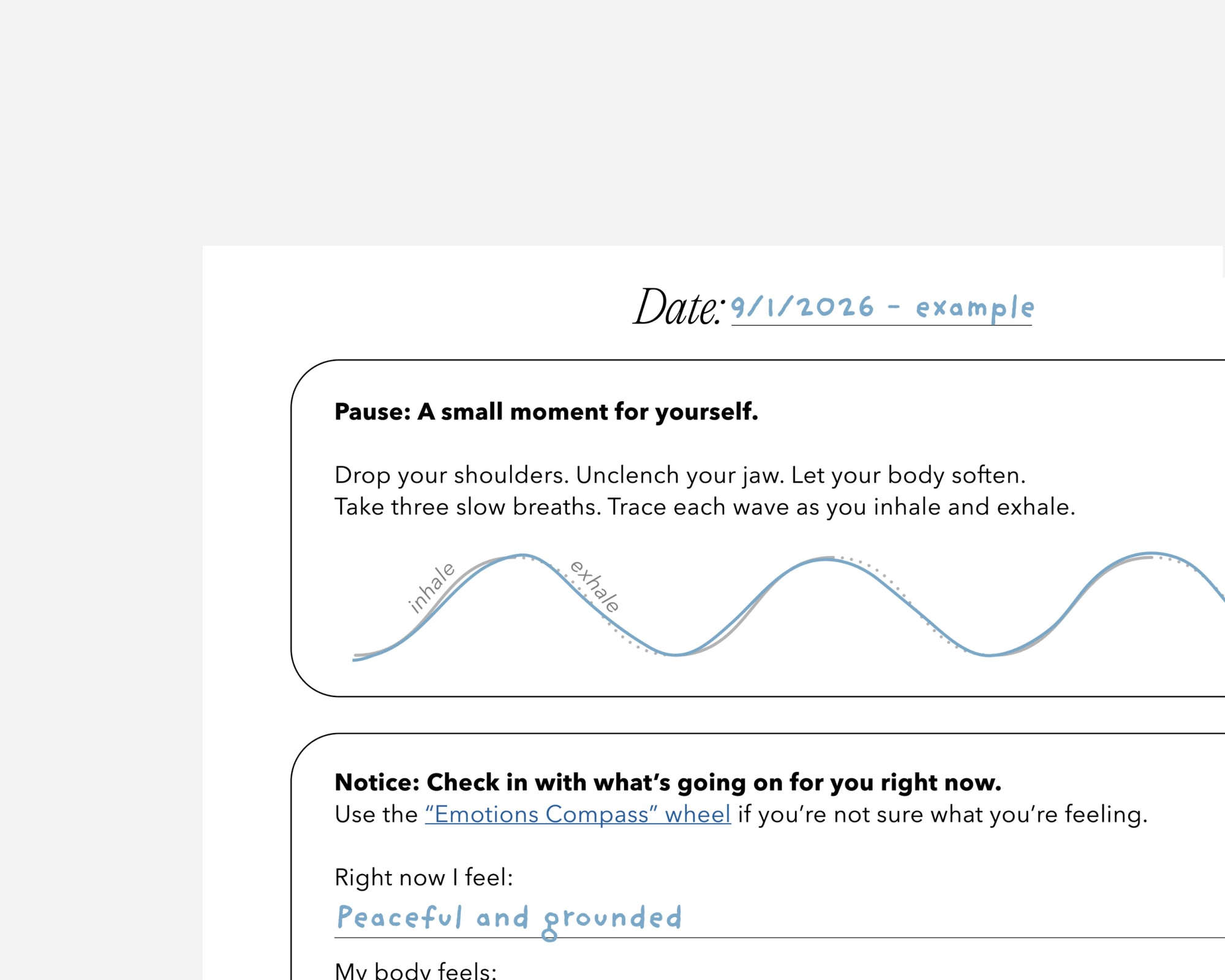 A close-up of a printed mindfulness journal page with handwritten notes and a blue line drawing showing inhalation and exhalation waves. The page includes prompts about pausing and using the Emotions Compass wheel.