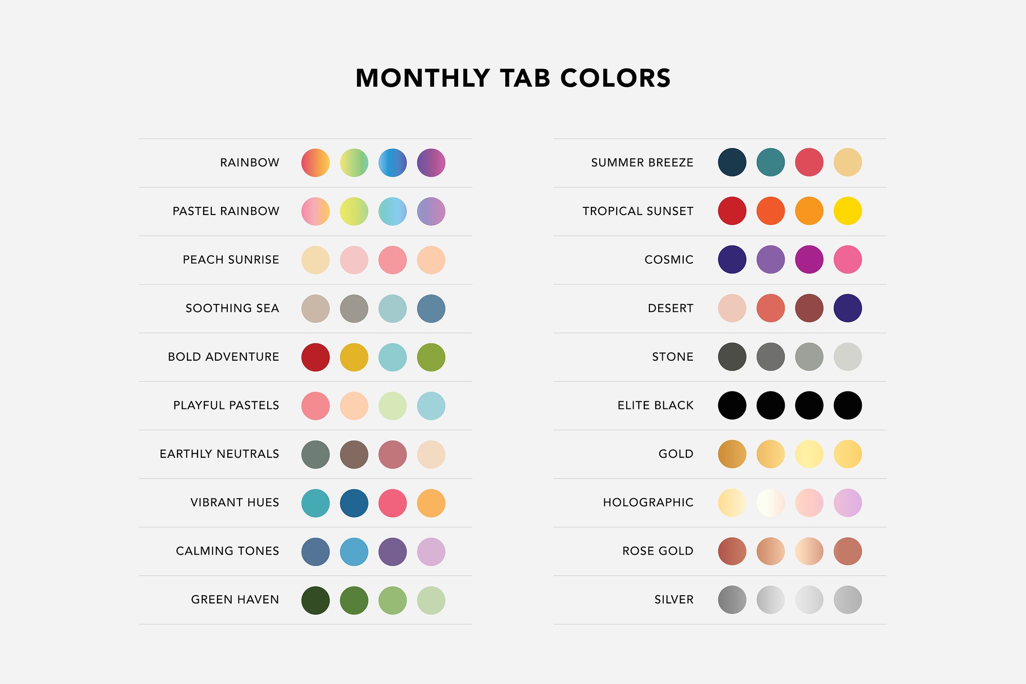 Color swatches for various monthly tab color schemes on a white background