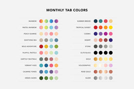Color swatches for various monthly tab color schemes on a white background