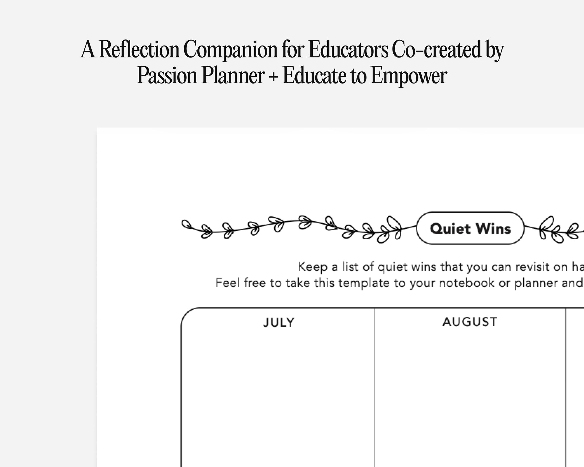 Free PDF download with text and a decorative border, featuring 'Quiet Wins' and 'Passion Planner' branding.