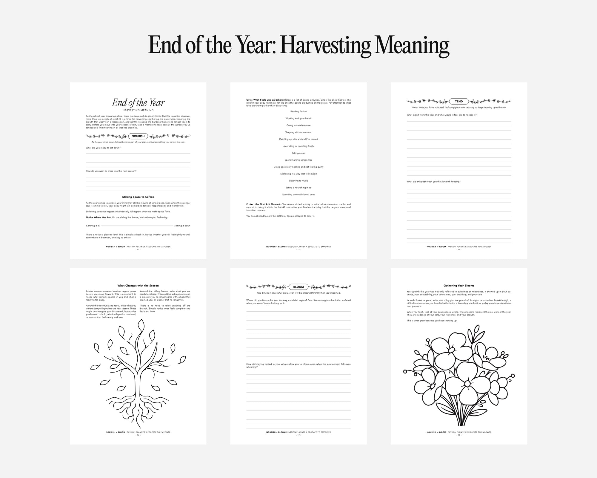 Free teacher downloads with text and illustrations titled 'End of the Year: Harvesting Meaning' on a white background.
