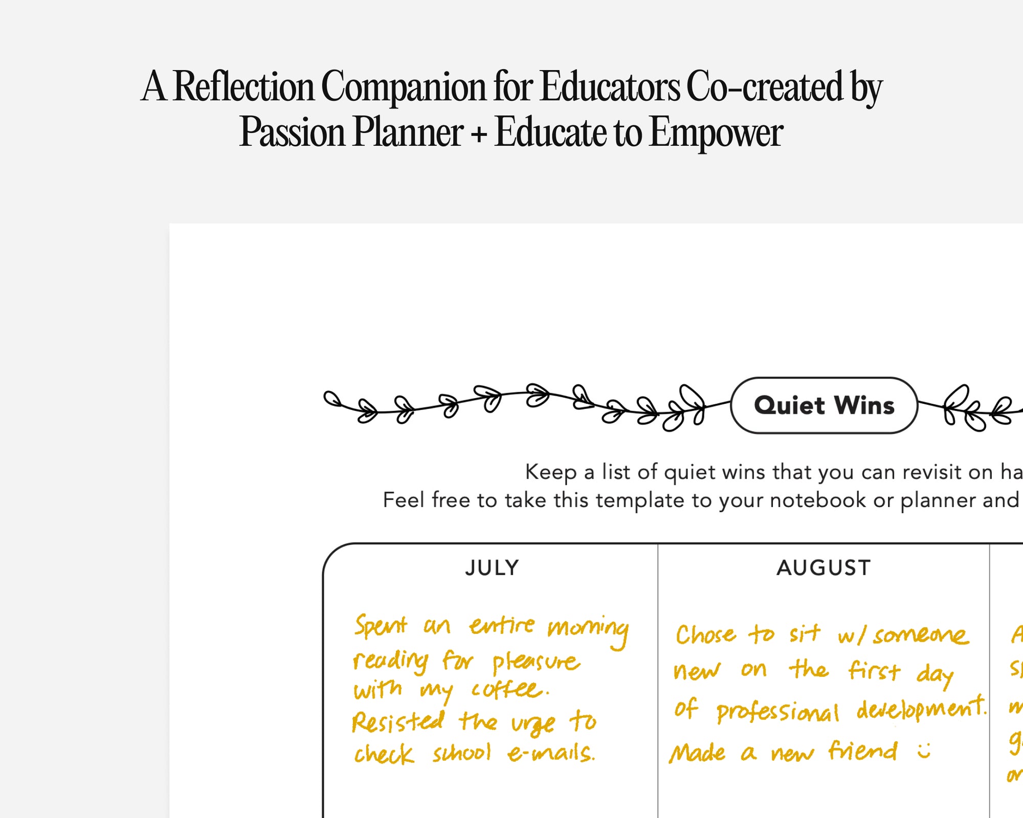 A template for recording quiet wins, co-created by Passion Planner and Educate to Empower.