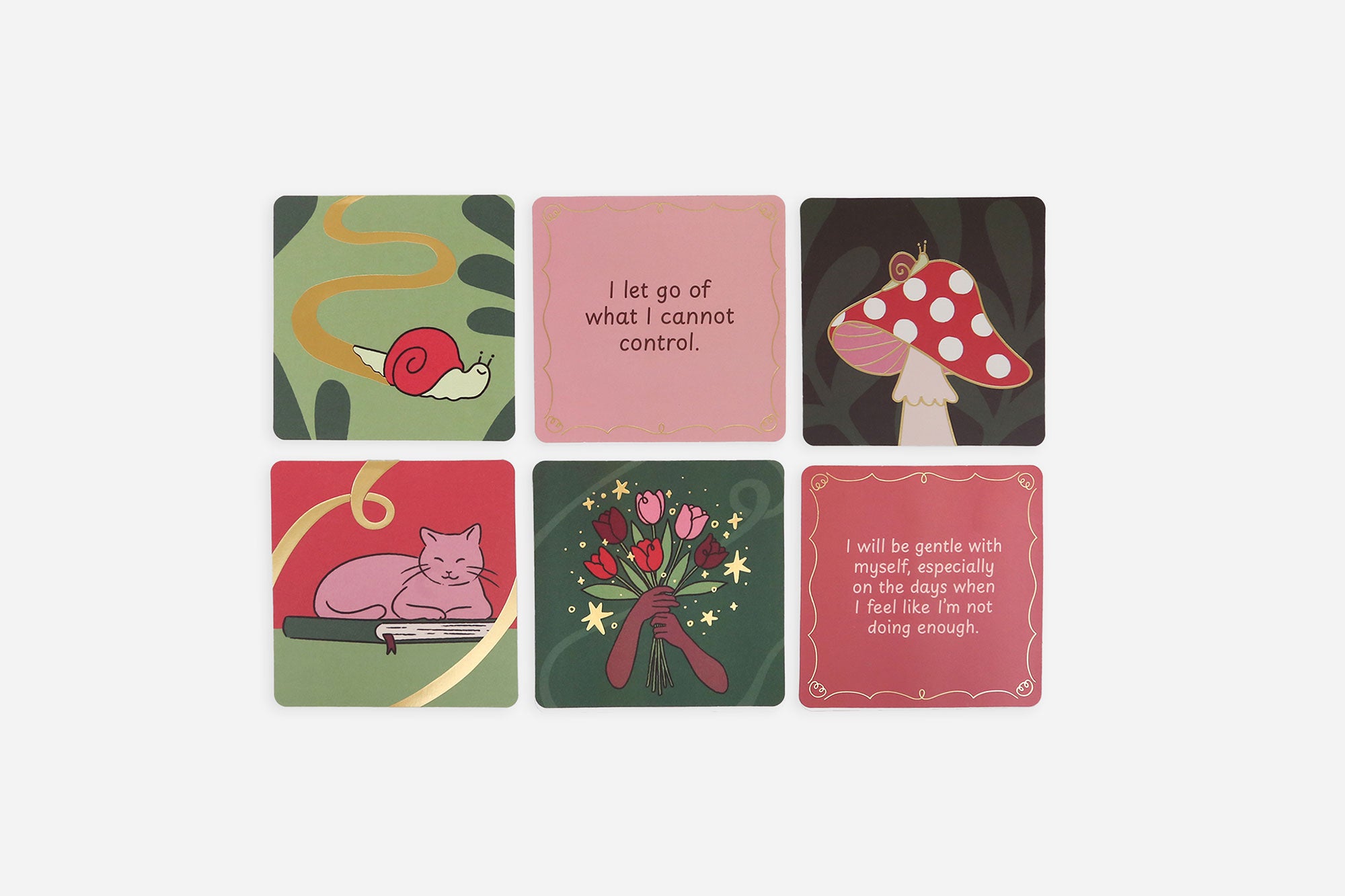 Set of six illustrated cards with various designs and text on a white background