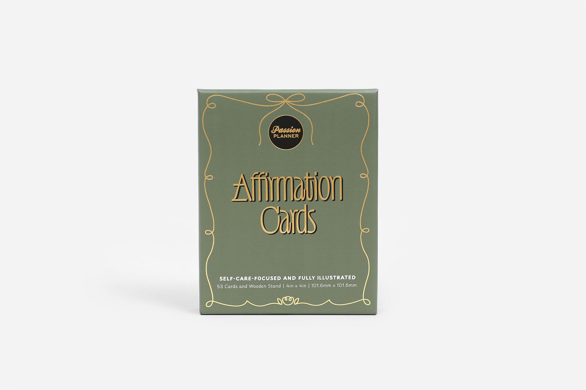 Box of affirmation cards with decorative design on a white background