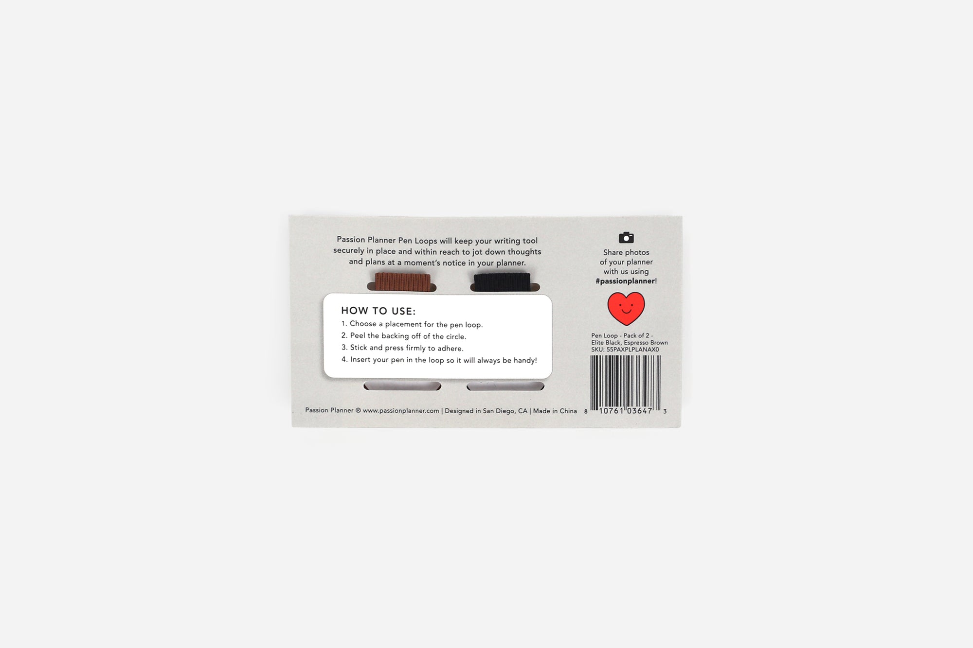 Back of pen loop packaging with text and icons on a white background