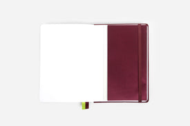 Opened maroon reading journal on a white background