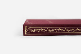 Maroon reading journal with gold decorative spine on a white background