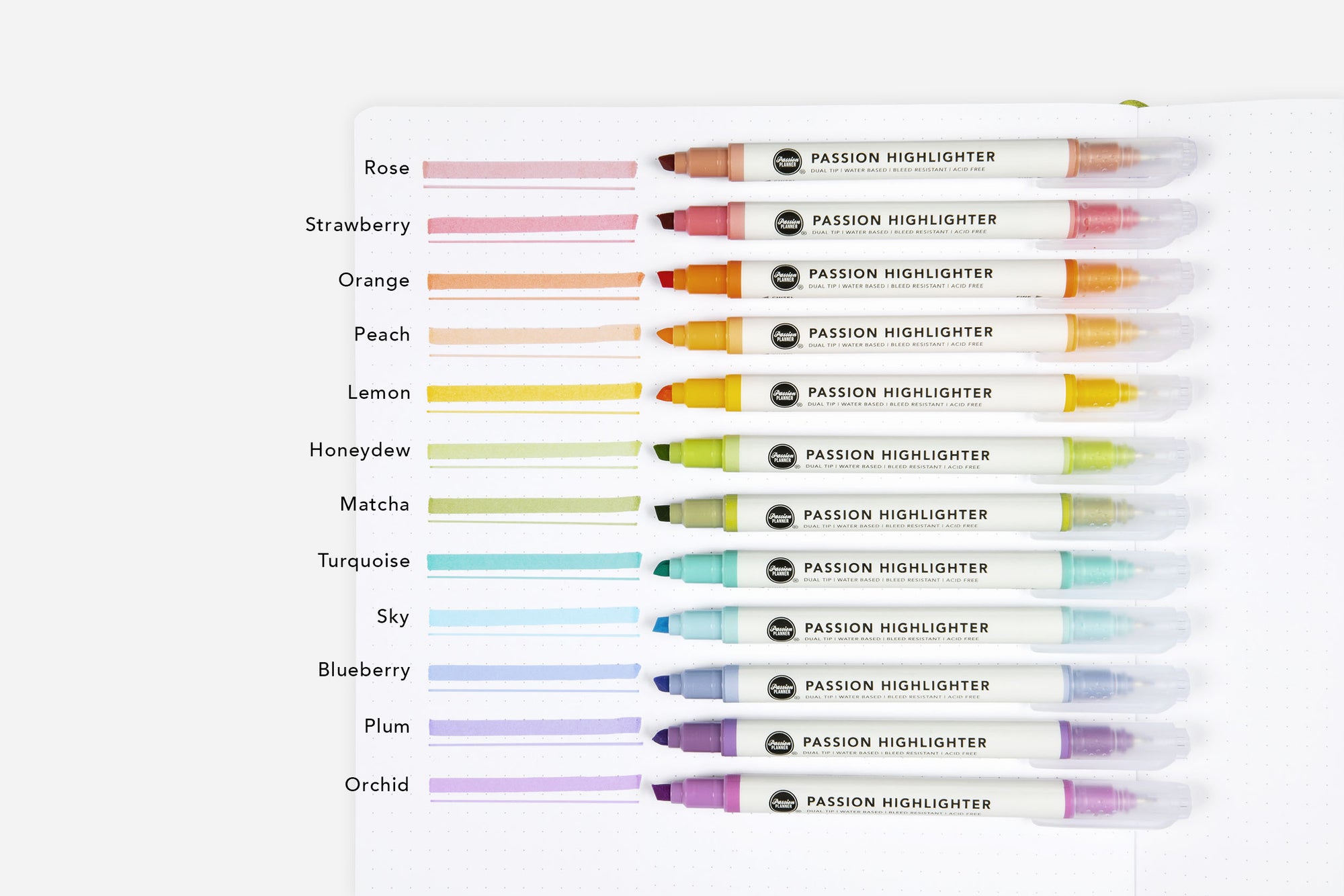 Passion highlighter essentials color swatch in notebook on a white background