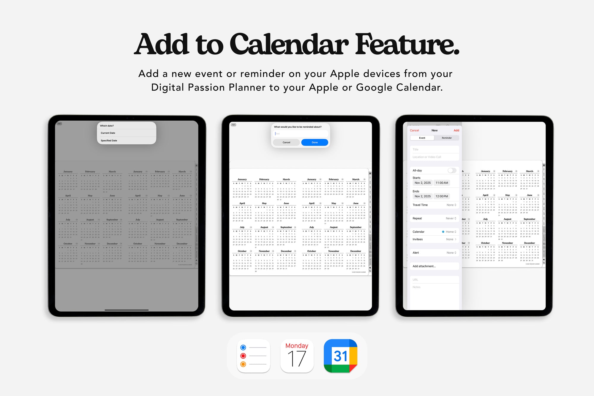 2025-2026 digital planner add to calendar feature