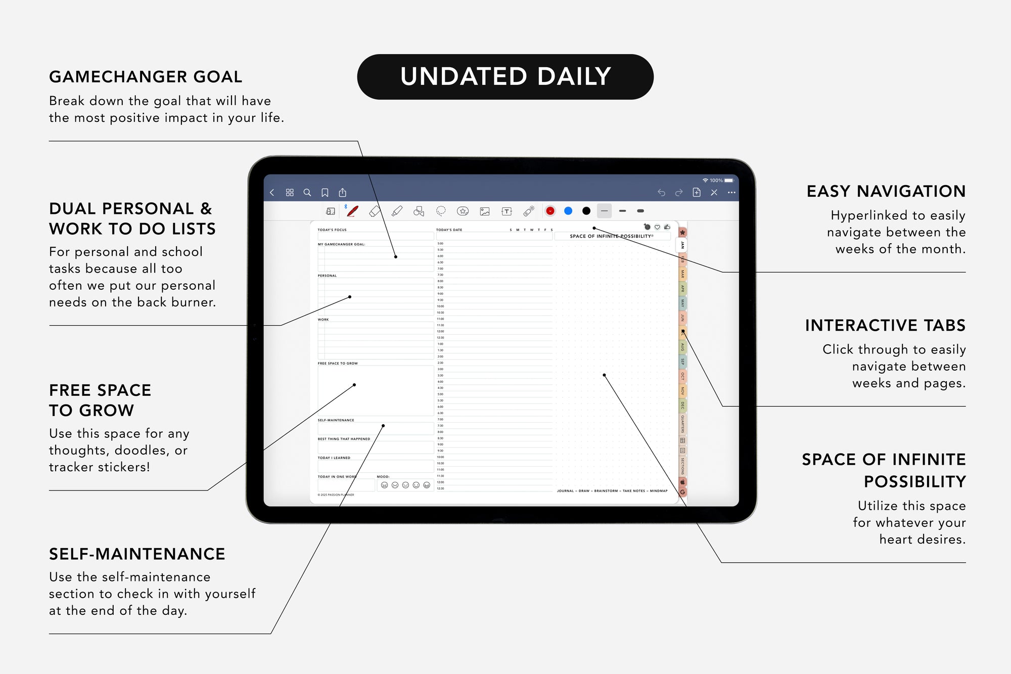 Digital planner app interface with features highlighted on a white background