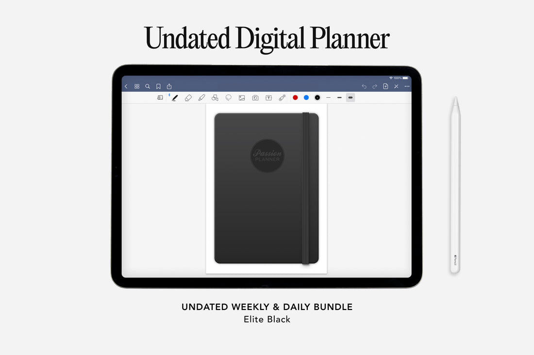 Digital planner displayed on a tablet screen with a stylus on a white background