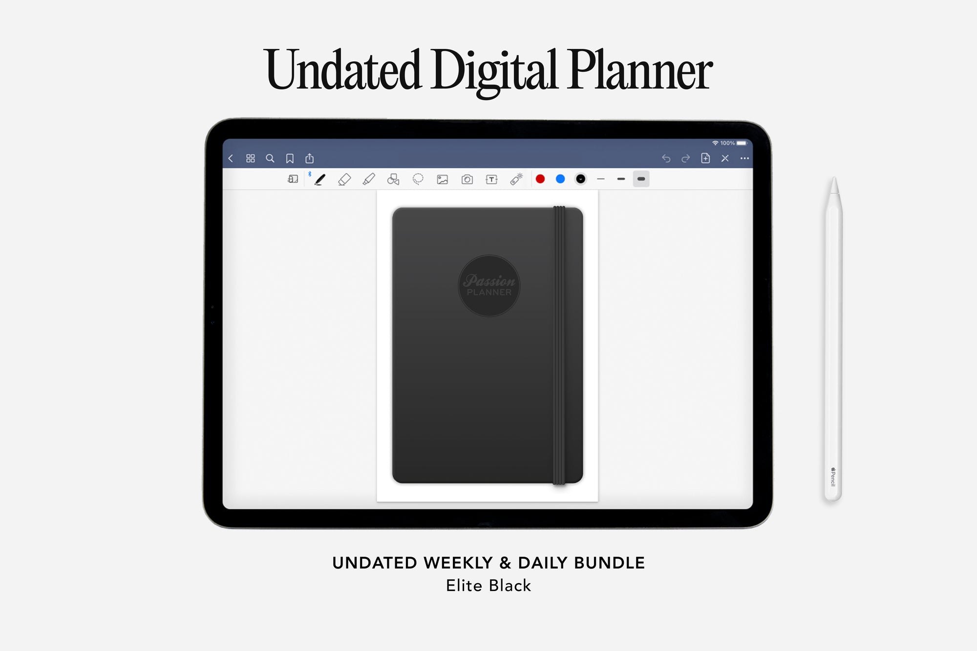 Digital planner displayed on a tablet screen with a stylus on a white background