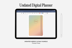 Digital planner displayed on a tablet screen with a stylus on a white background