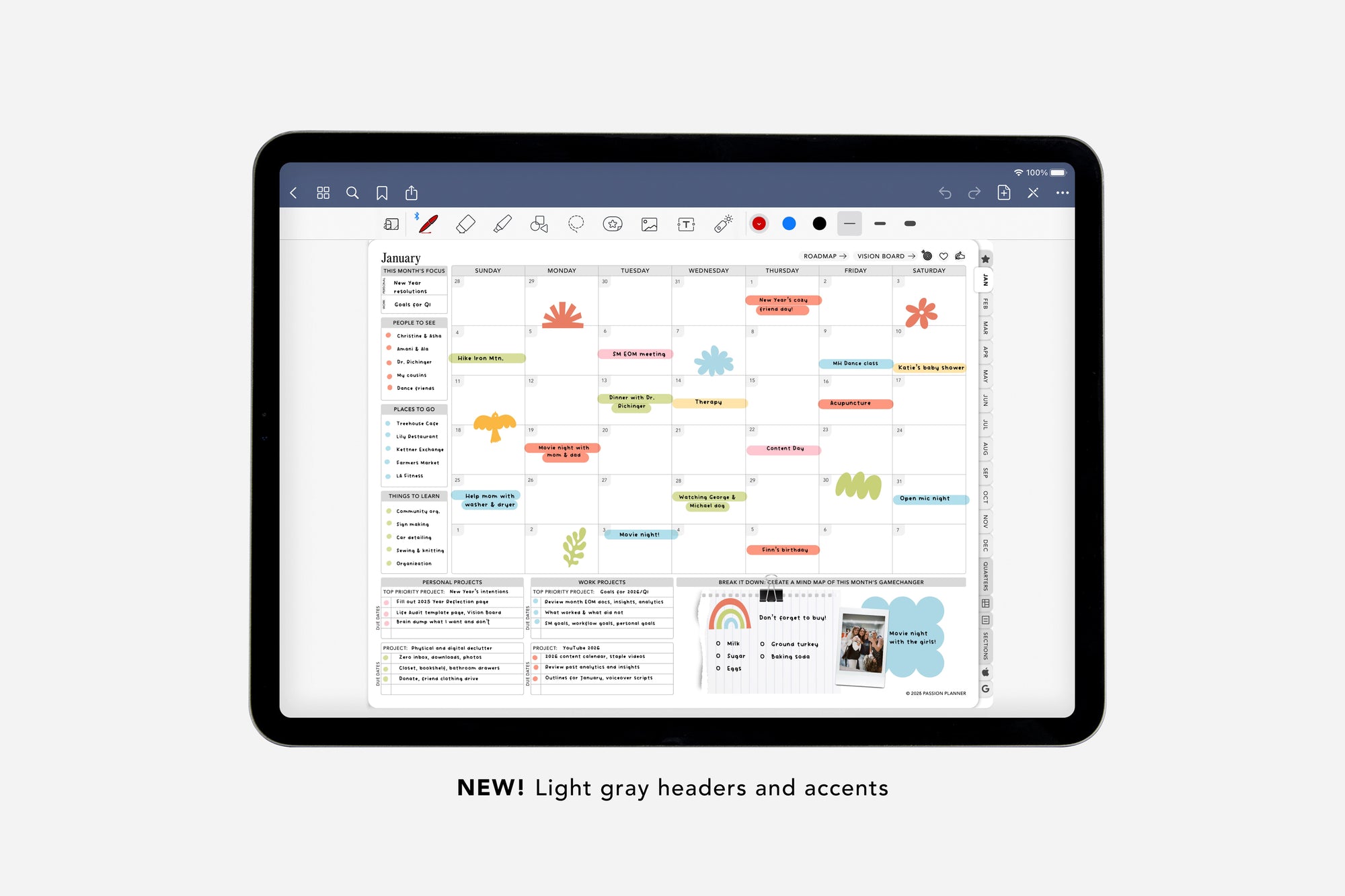 Tablet displaying a digital planner with colorful text and graphics on a light gray background.