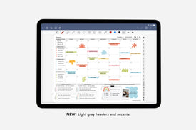 Tablet displaying a digital planner with colorful text and graphics on a light gray background.