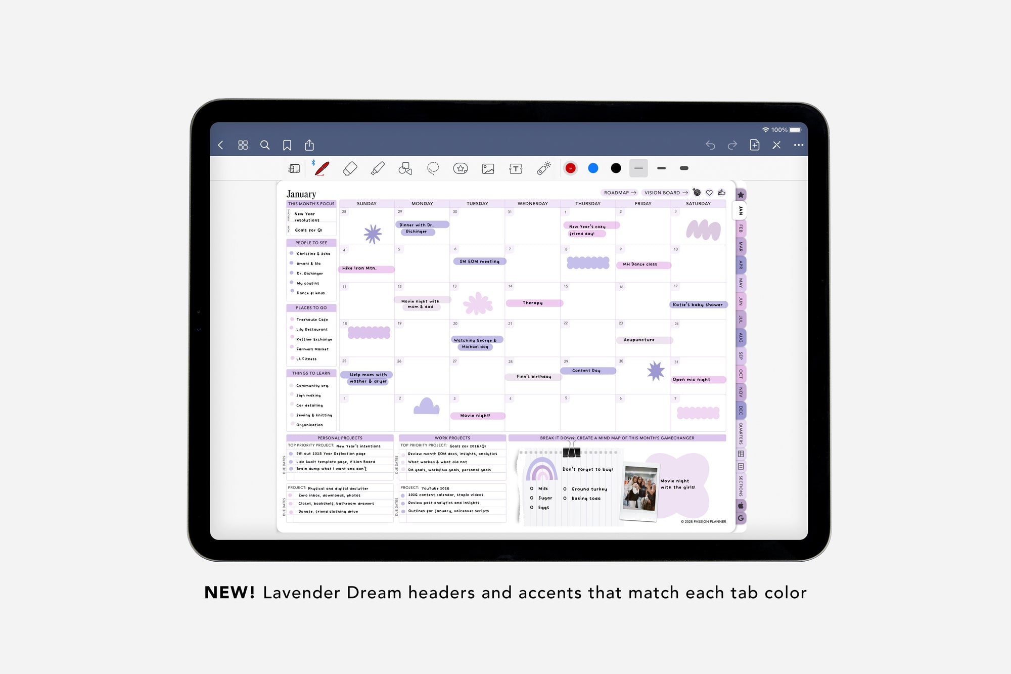 Tablet displaying a digital planner with lavender dream headers and accents.