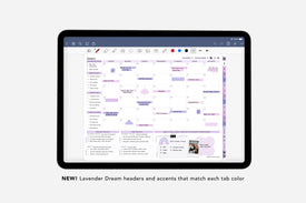 Tablet displaying a digital planner with lavender dream headers and accents.