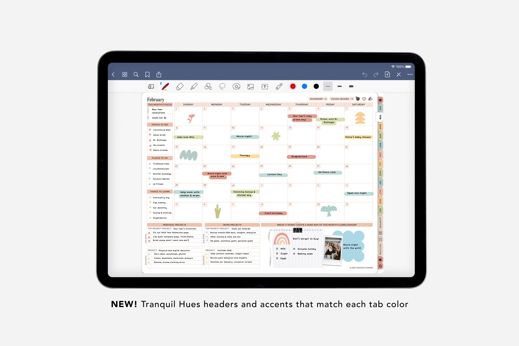 Tablet displaying a digital planner with a colorful interface on a white background