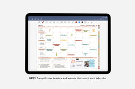 Tablet displaying a digital planner with a colorful interface on a white background