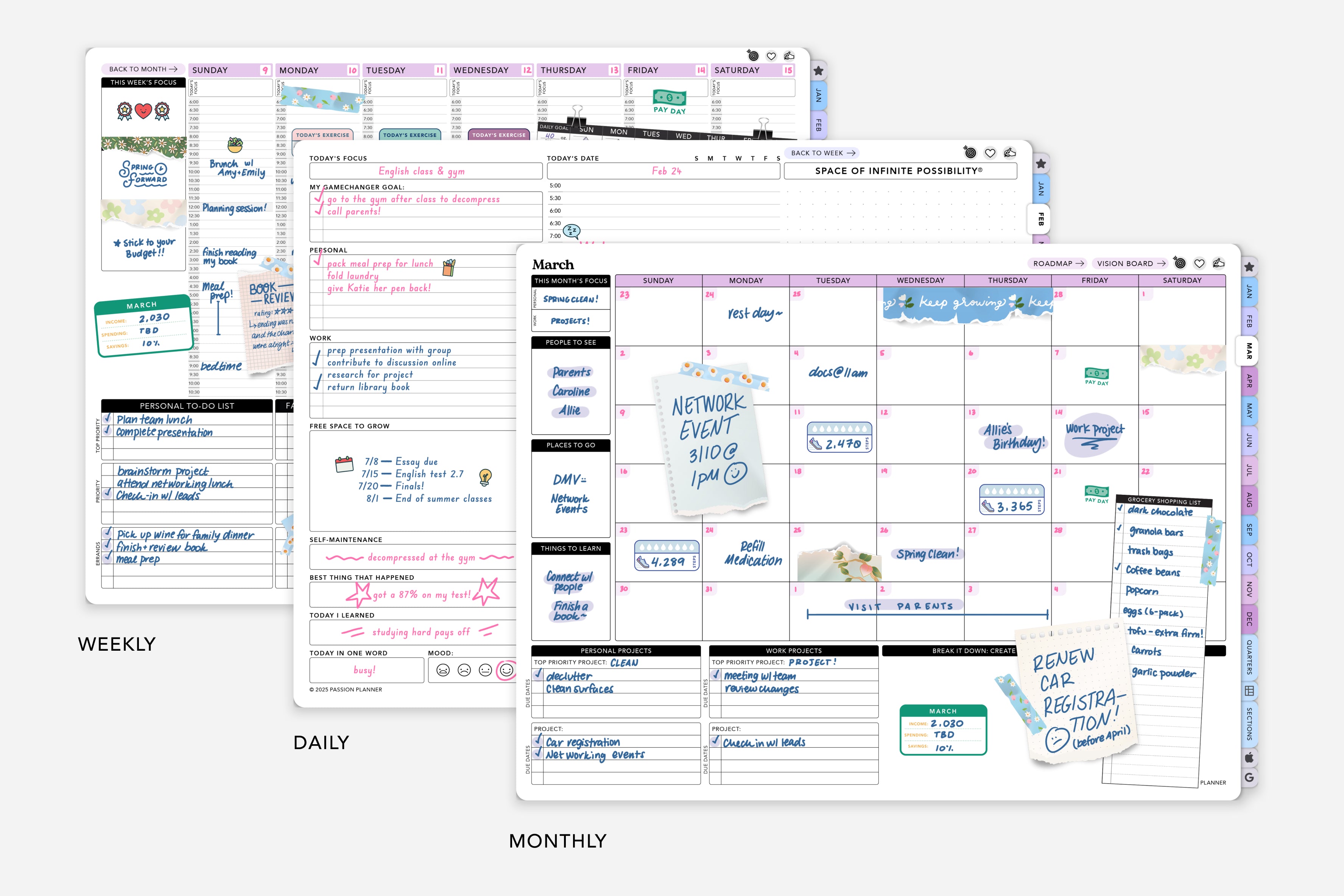 monthly, weekly, and daily planner layouts