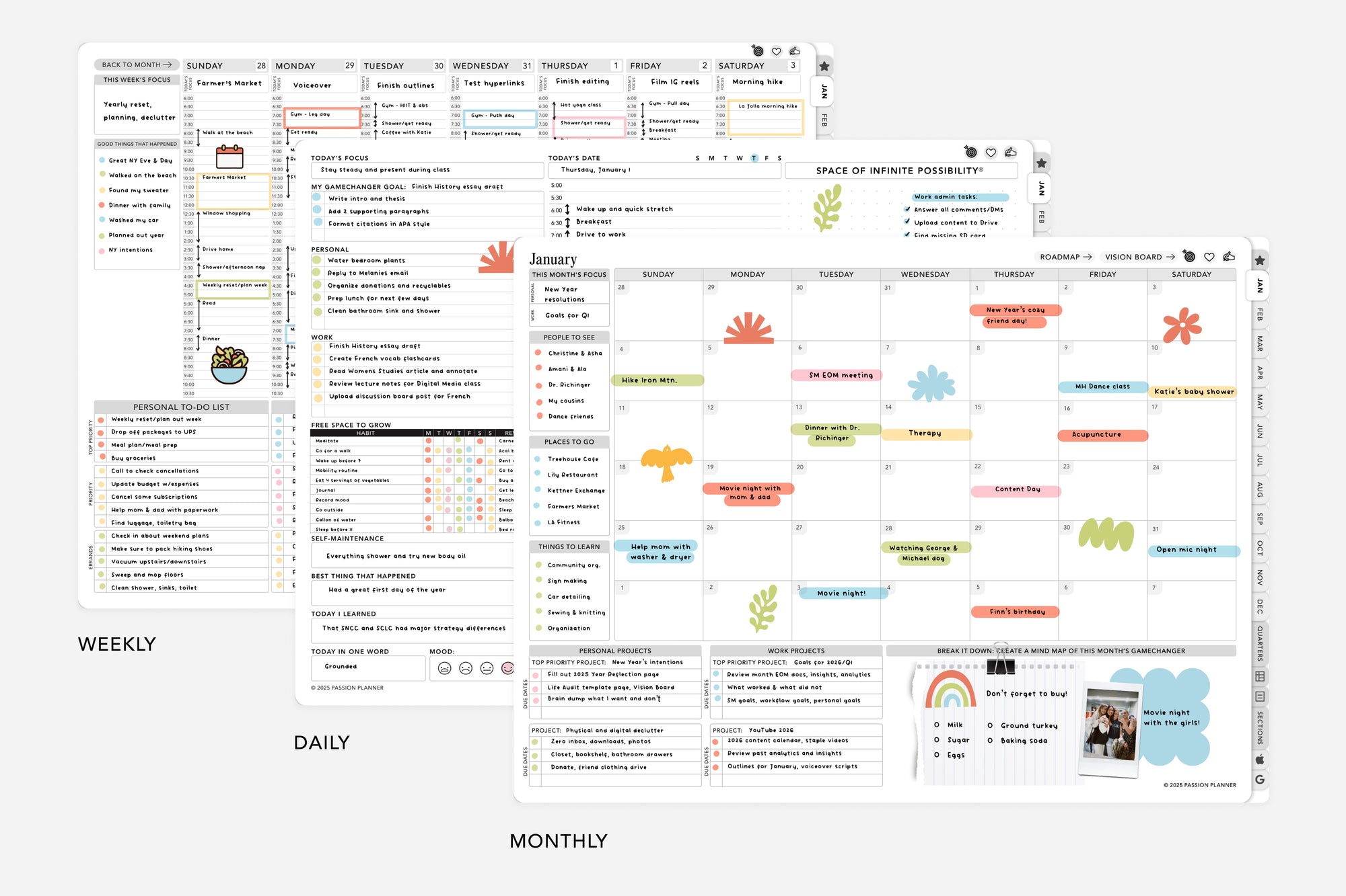 Multifunctional planner with weekly, daily, and monthly schedules on a white background