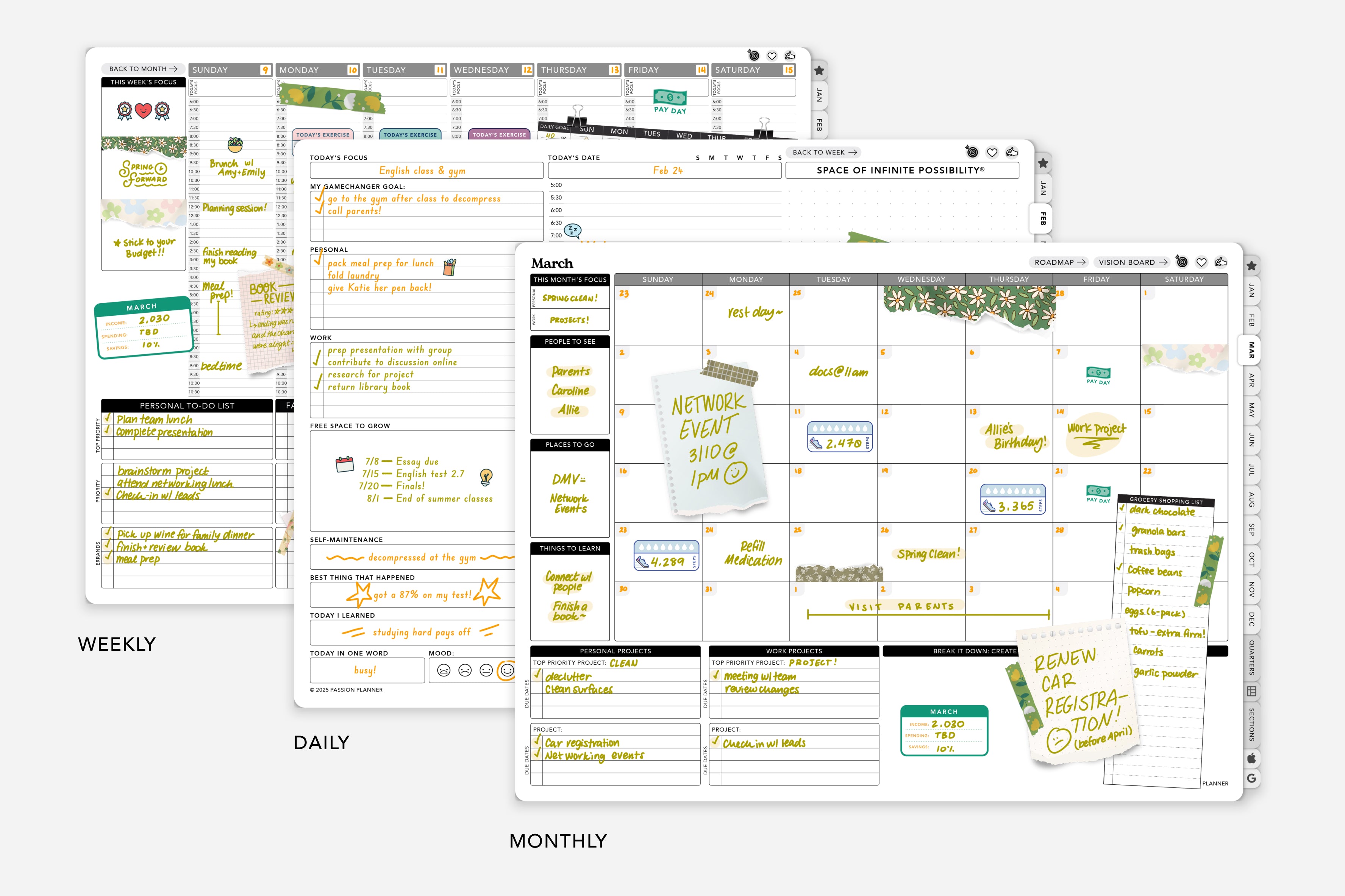 monthly, weekly and daily planner layouts