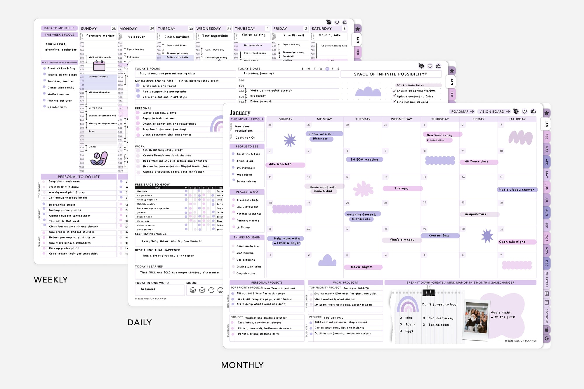 Multifunctional planner with weekly, daily, and monthly schedules on a white background