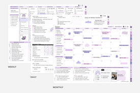 Multifunctional planner with weekly, daily, and monthly schedules on a white background